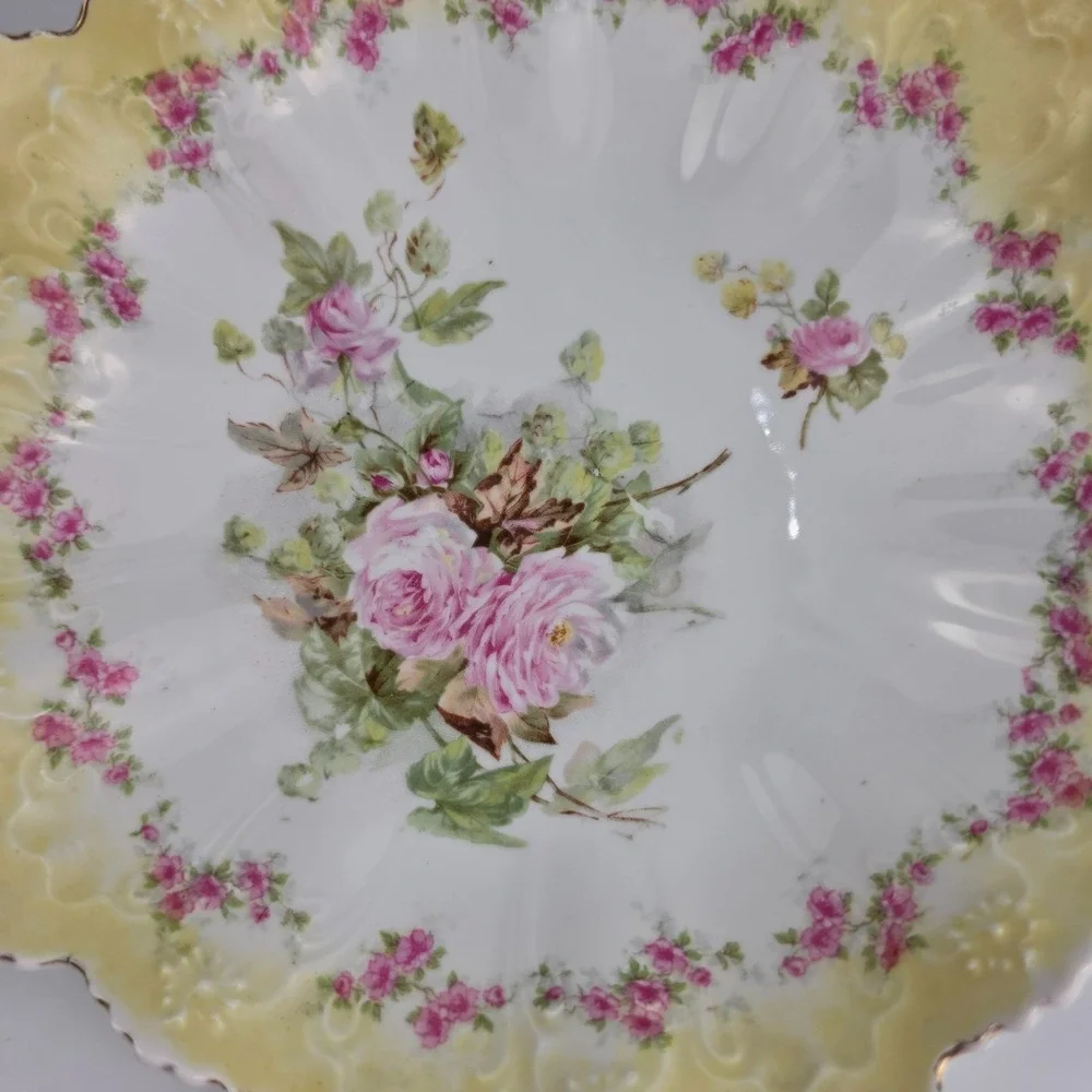 Antique Austria STAR Porcelain Bowl Yellow Rose Scalloped‎ Embossed Gold Gilt